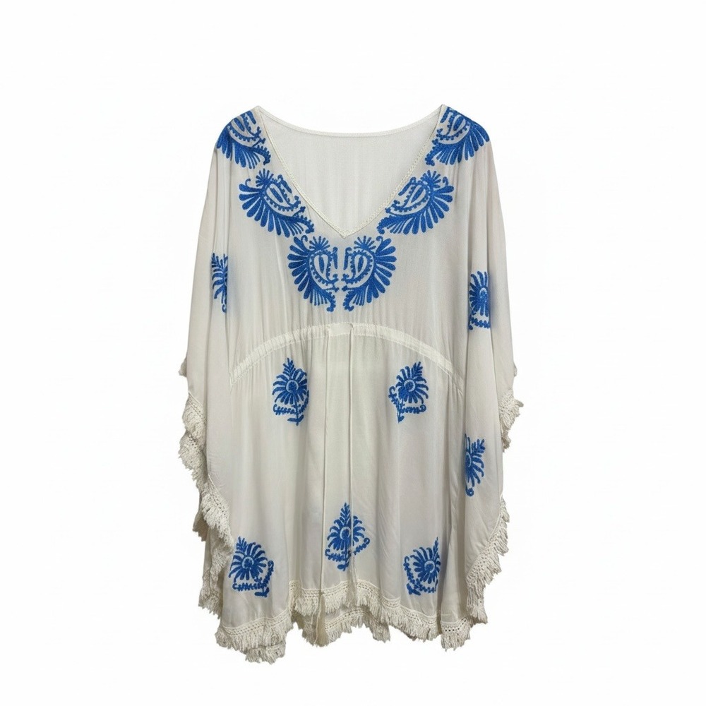 Melissa Odabash Irene Embroidered Rayon Kaftan White Blue Fringe OS